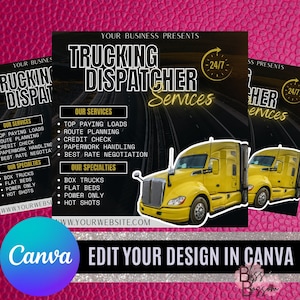 Puede incluir: Un folleto negro y amarillo con el texto "Your Business Presents Trucking Dispatcher Services" en blanco. El folleto tiene un fondo negro con texto blanco y un camión semi-remolque amarillo en el lado derecho. El texto "24/7" está en un círculo amarillo en la esquina superior derecha. El folleto enumera servicios como "Top Paying Loads", "Route Planning", "Credit Check", "Paperwork Handling" y "Best Rate Negotiation". El folleto también enumera especialidades como "Box Trucks", "Flat Beds", "Power Only" y "Hot Shots". La parte inferior del folleto tiene el texto "www.yourwebsite.com" en blanco.