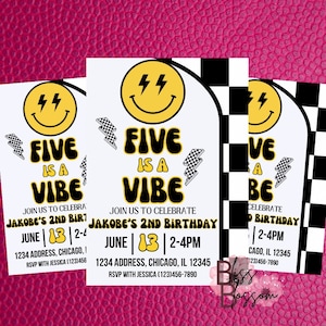 May include: Birthday party invitations with a retro design. The invitations feature a yellow smiley face with lightning bolts, the text "FIVE IS A VIBE", and event details. The background is a textured pink.