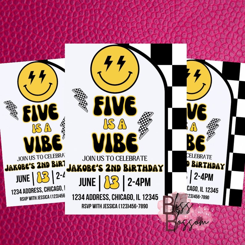 May include: Birthday party invitations with a retro design. The invitations feature a yellow smiley face with lightning bolts, the text "FIVE IS A VIBE", and event details. The background is a textured pink.