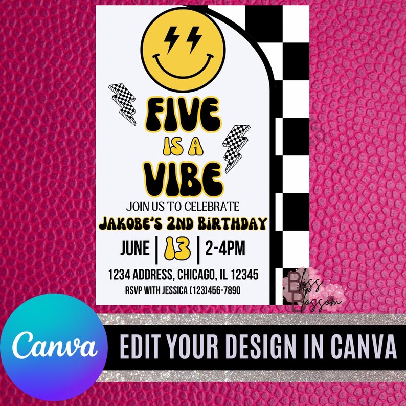 May include: A birthday party invitation with a retro design. The invitation features the text "FIVE IS A VIBE" with a smiley face and lightning bolts. The invitation includes the party details: date, time, and location.