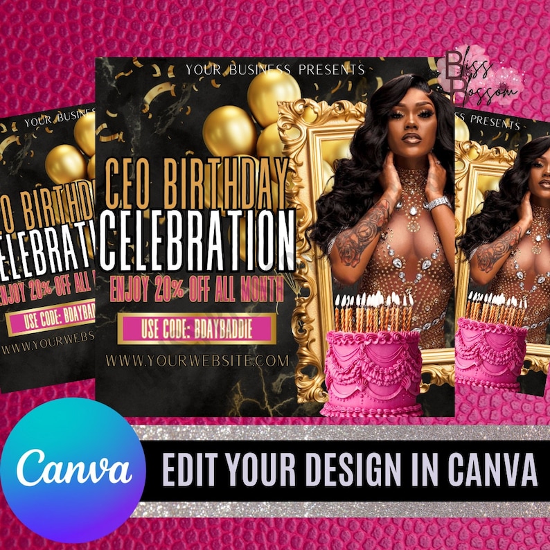May include: A black and gold birthday party invitation with a pink cake and a woman in a gold sequined dress. The text on the invitation reads "CEO Birthday Celebration" and "Enjoy 20% off all month".