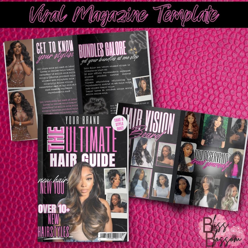 May include: A magazine cover with a pink background and the text "Viral Magazine Template" in white. The magazine cover features a black and white photo of a woman with long, curly hair. The text "The Ultimate Hair Guide" is in pink and white. The magazine cover also features the text "Get to Know Your Stylist" and "Bundles Galore".