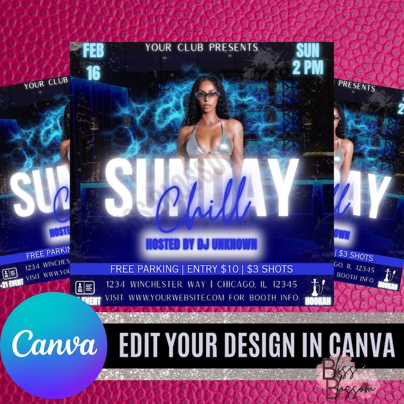Puede incluir: Un folleto para un evento dominical con el texto "Sunday Chill" en letras blancas grandes y brillantes. El dise&ntilde;o presenta a una mujer en bikini plateado y gafas de sol, con efectos de rel&aacute;mpagos azules. Tambi&eacute;n incluye detalles del evento.