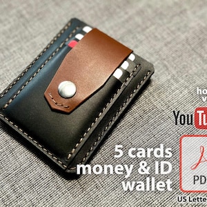 Wallet for Up to 5 Cards, Multi Currency Money and Large ID - PDF Leather Craft Pattern DIY, Digital Template