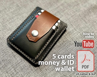 Wallet for Up to 5 Cards, Multi Currency Money and Large ID - PDF Leather Craft Pattern DIY, Digital Template