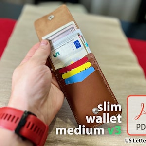 Cartera delgada y delgada de cuero Diseño de billetera simple Patrón artesanal de cuero plegable DIY Plantilla digital PDF para tarjetas y billetes pequeños - Mediano v3