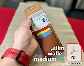 Leather Thin and Slim Wallet Simple Wallet Design DIY Bifold Leather Craft Pattern PDF Digital Template for Cards & Small Bills - Medium v3