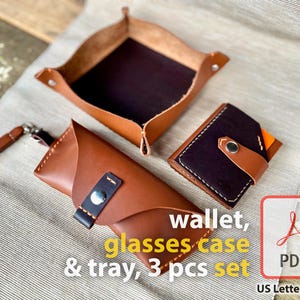 Patrón PDF de billetera delgada plegable, estuche de cuero para anteojos con correa, bandeja de cuero para llaves y monedas, juego de 3 piezas, plantilla digital para hacer uno mismo, regalo