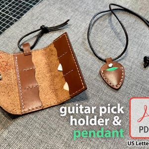 Custodia porta plettri in pelle per chitarra e modello PDF per ciondolo - Modello fai da te per artigianato in pelle per custodia porta plettri per chitarra a 6 slot e accessorio per collana