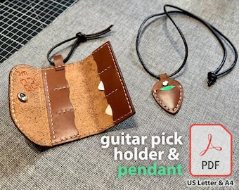 Leather Guitar Picks Holder Case and Pendant PDF Pattern - DIY Leather Craft Template for 6 Slots Guitar Picks Case and Necklace Accessory