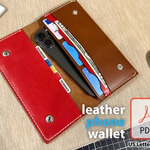 Patrón de billetera de cuero para teléfono, tarjetero delgado, plantilla digital plegable para identificación y facturas de celular, proyecto de artesanía en cuero DIY, descarga PDF