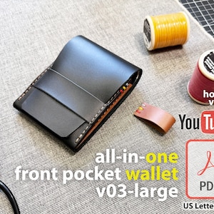 Cartera de bolsillo frontal todo en uno para llevar a diario dinero, identificación, monedas y objetos pequeños. Patrón de artesanía de cuero en PDF. Plantilla digital para hacer uno mismo. NoSnap. Grande.