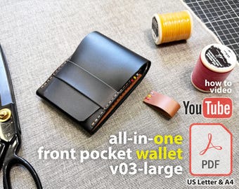 All-in-One Front Pocket Wallet for Everyday Carry Cash ID Coins & Small Objects PDF Leather Craft Pattern DIY Digital Template NoSnap Large