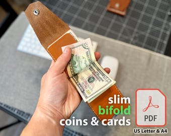 Slim Leather Bifold Wallet PDF Pattern, Coin Pocket Money Clip v03 (PDF Download)