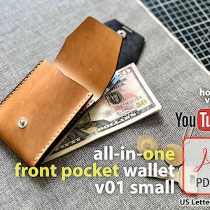 Cartera de bolsillo frontal todo en uno para monedas, documentos de identidad y objetos pequeños. Patrón de artesanía en cuero en PDF. Plantilla digital DIY para cuero (v. 01, tamaño pequeño).