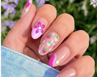 Press on Nails, Strawberry Design, False Nail Almond, False Nail Medium, Fake Nail Almond, Fake Nail Medium, Gift for Her, Glue on Nails