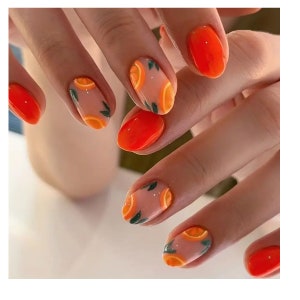 24 pc Press-On Nails Colorful Grapefruit/Short Almond Shape/Nail Glue Stickers Included/Complete Press on Nail Kit/Nail Buffer Block Incl.