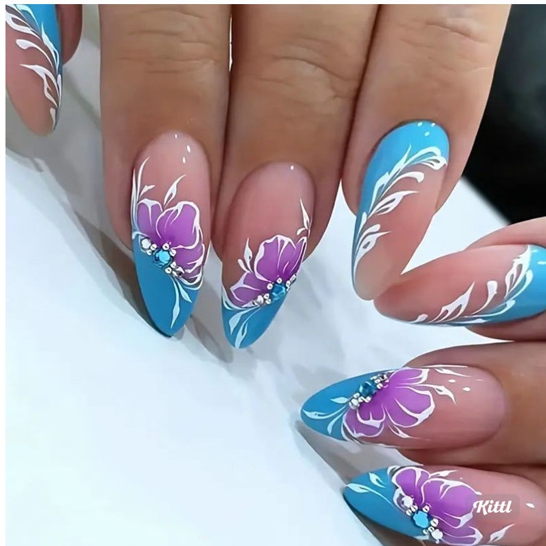 Press on Nail Floral Press on Nails Almond Press on Nail - Etsy