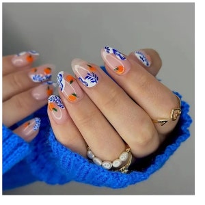 Press on Nails Porcelain Orange, Press on Nails Almond, Press on Nails Short, False Nails Orange, False Nails Almond Short, Fake Nails