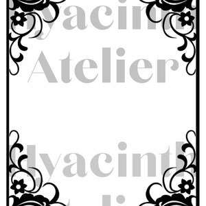 May include: A black and white decorative frame with a floral design. The frame is empty and ready for a photo or artwork.