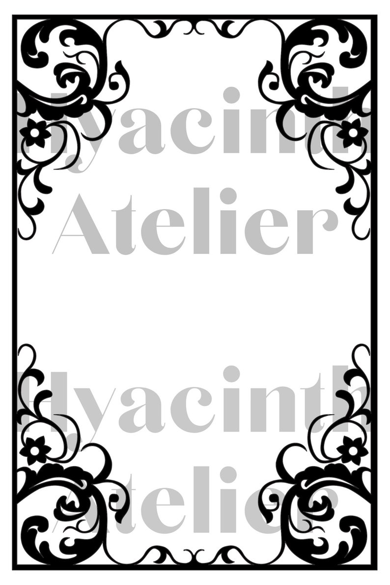 May include: A black and white decorative frame with a floral design. The frame is empty and ready for a photo or artwork.