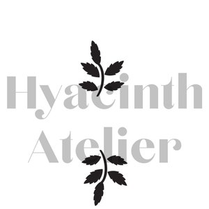 May include: Hyacinth Atelier text in gray with a black floral design above and below the text. The text is centered on a white background.