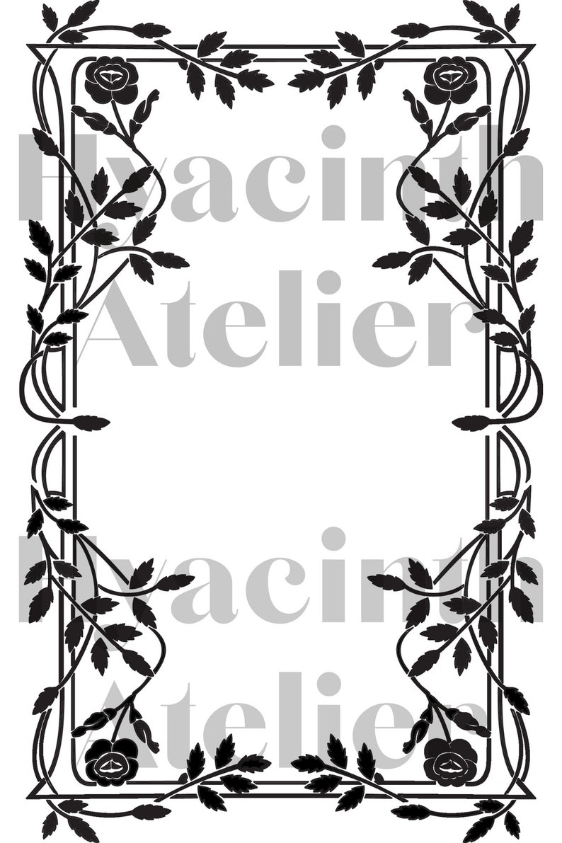 May include: Black and white floral frame with roses and leaves. The frame is a decorative design element for a printable or digital design.