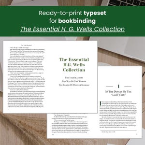 May include: A book cover for "The Essential H.G. Wells Collection" featuring a black and white illustration of a man in a suit and a woman in a dress. The book cover also includes the titles of the four books included in the collection: "The Time Machine", "The War of the Worlds", "The Island of Doctor Moreau", and "In the Dingy of the "Lady Vain"".