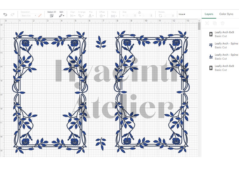 May include: Two blue leafy arch frames with roses and leaves. The text "Hyacint Atelier" is visible in the background.
