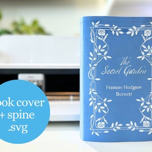 May include: A blue book cover with a white floral design and the title "The Secret Garden" by Frances Hodgson Burnett.