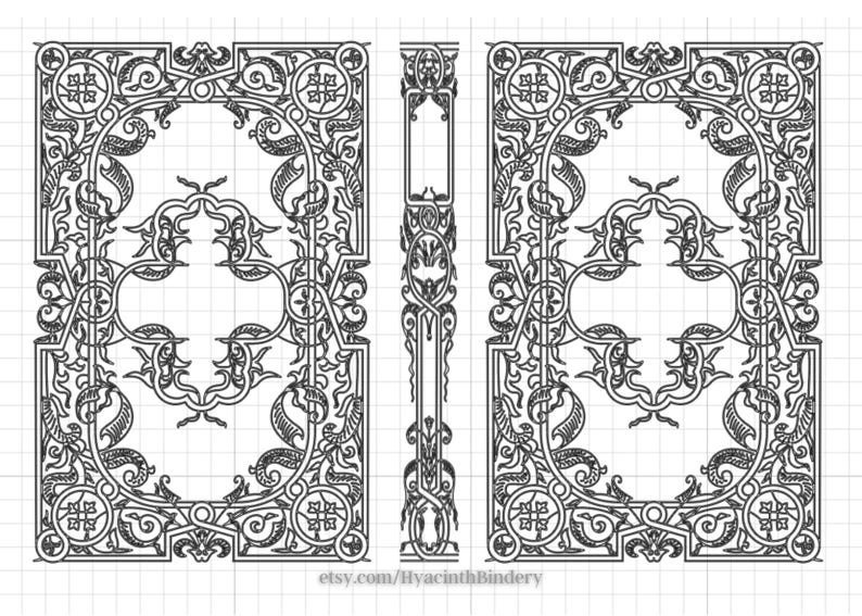 K&ouml;nnte beinhalten: Schwarzwei&szlig;es Linienkunstdesign eines Buchumschlags mit komplizierten floralen Mustern. Das Design ist symmetrisch und verf&uuml;gt &uuml;ber eine zentrale Kreuzform.