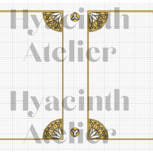 May include: Two gold frames with intricate geometric designs in the corners. The frames are on a white grid background. The text "Hyacinth Atelier" is visible in the center of the image.