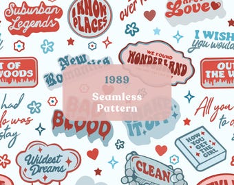 1989 Repeat Seamless Pattern: Trending Blue Red Hand Drawn Art PNG JPEG Digital Download Ready For Print On Demand
