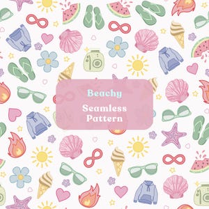 Summer Icons Repeat Seamless Pattern: Trending Beach Turned Pretty Shells Flowers Sun Hearts Art PNG JPEG Digital Download