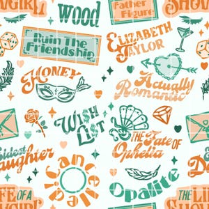 Showgirl Seamless Pattern Orange Green Retro Typography Repeat Hand Drawn Trendy Digital Paper PNG JPEG Download image 2