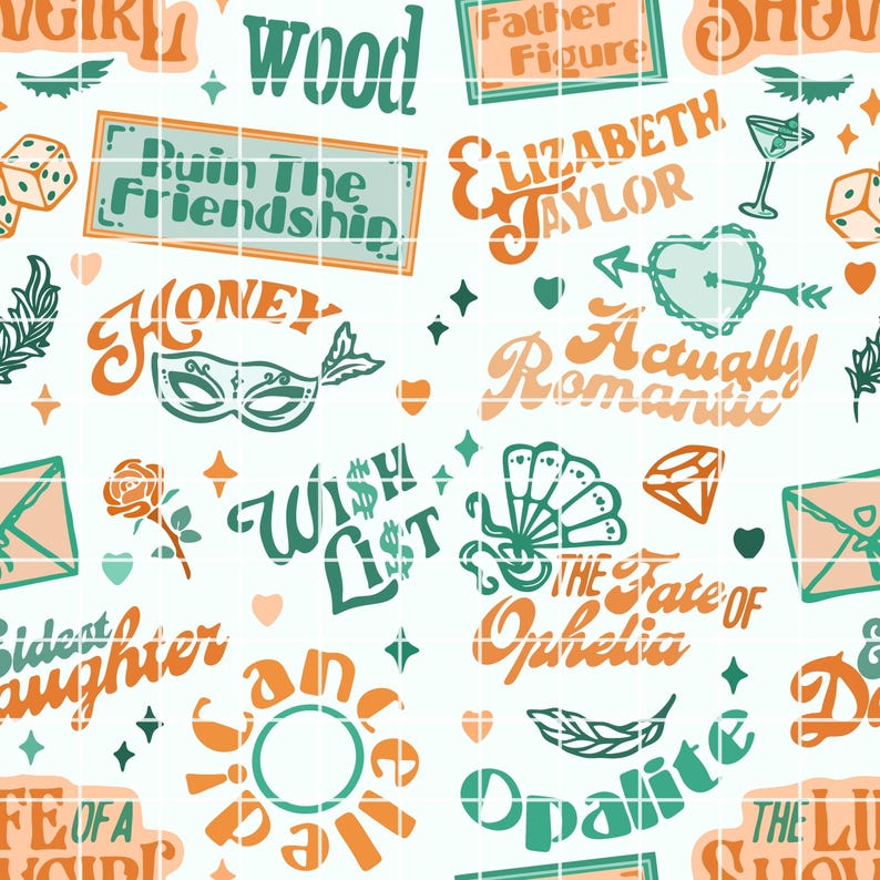 Showgirl Seamless Pattern Orange Green Retro Typography Repeat Hand Drawn Trendy Digital Paper PNG JPEG Download image 2