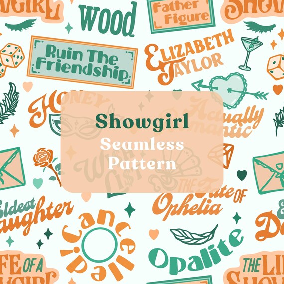 Showgirl Repeat Seamless Pattern: Trending TS12 Orange Green Hand Drawn Art PNG JPEG Digital Download