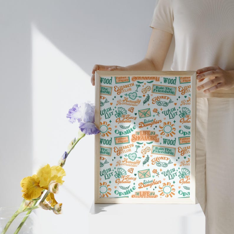 Showgirl Seamless Pattern Orange Green Retro Typography Repeat Hand Drawn Trendy Digital Paper PNG JPEG Download image 8
