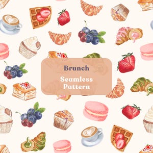 Pariser Brunch-Wiederholungsmuster: Aquarell Französisches Cafe Clipart PNG JPEG Digitaler Download Bereit zum Druck auf Anfrage