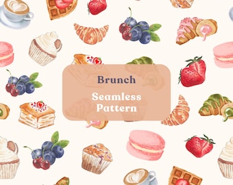 Parisian Brunch Repeat Seamless Pattern: Watercolour French Cafe Clipart PNG JPEG Digital Download Ready for Print on Demand