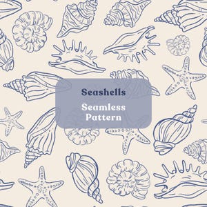 Muscheln wiederholen das nahtlose Muster: Handgezeichnete marineblaue Muscheln Beige Strand Design PNG JPEG Digital Download bereit für POD