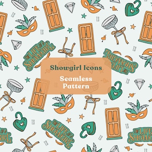 Showgirl TS12 Repeat Seamless Pattern: Trending Orange Green Hand Drawn Icons Art PNG JPEG Digital Download