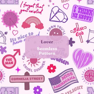 Lover Repeat Seamless Pattern: Trending Pink Purple Hand Drawn Art PNG JPEG Digital Download