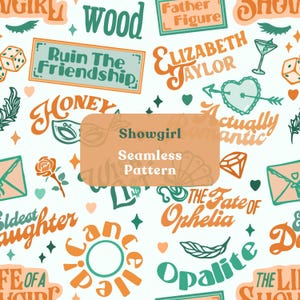 Showgirl Seamless Pattern Orange Green Retro Typography Repeat Hand Drawn Trendy Digital Paper PNG JPEG Download