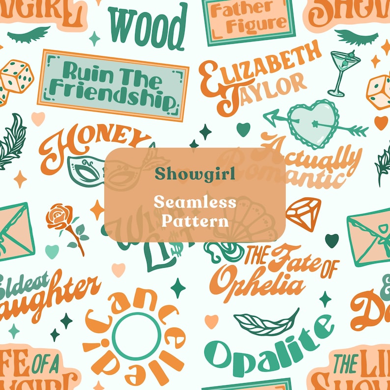 Showgirl Seamless Pattern Orange Green Retro Typography Repeat Hand Drawn Trendy Digital Paper PNG JPEG Download image 1