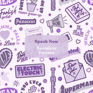 Speak Now Repeat Seamless Pattern: Trending Purple Hand Drawn Art PNG JPEG Digital Download