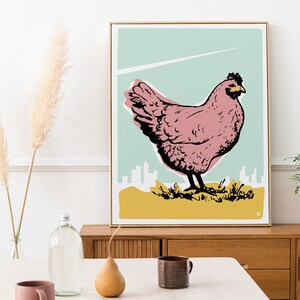 Chicken/Hen Mid-Century Modern Print - Illustration, Pink, Cyan Blue, Gold Yellow, Graphic, Vintage, Farm Animal, Bold, Large Wall Art
