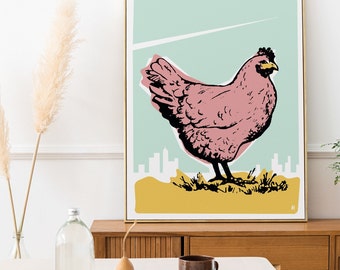 Chicken Mid-Century Modern Print - Engraving Illustration Style, Pink, Cyan Blue, Gold Yellow, Farm, Hen, Bold Large Eclectic Wall Art