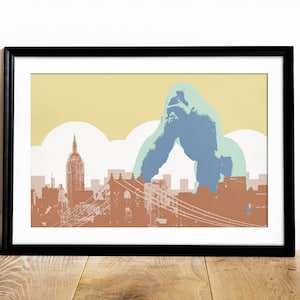 New York City Kong Illustration Print - Pop Art, Blue, Yellow, Orange - NYC, Gorilla, Mid Century, Vintage, Large Printable Wall Art