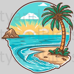 Palmboom zonsondergang SVG strand scène clipart tropische zomer oceaan zand silhouet kust esthetische Cricut sublimatie kokosnoot meisje surfer